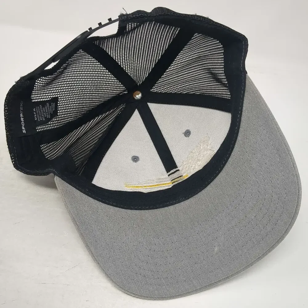 Sport-Tek Trucker Hat Gray One Size Mesh Snapback Thin Yellow Line American Flag
